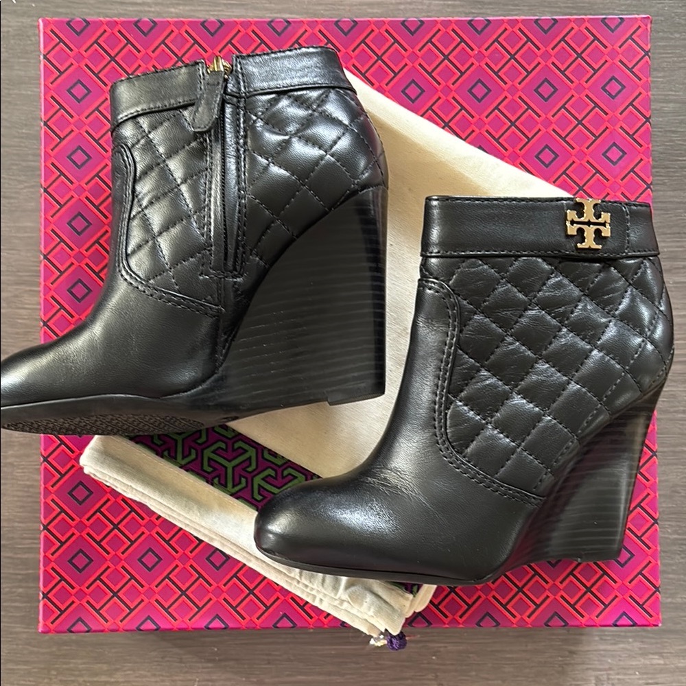 Tory Burch Black Quilted Ankle Booties with Wedge Heel